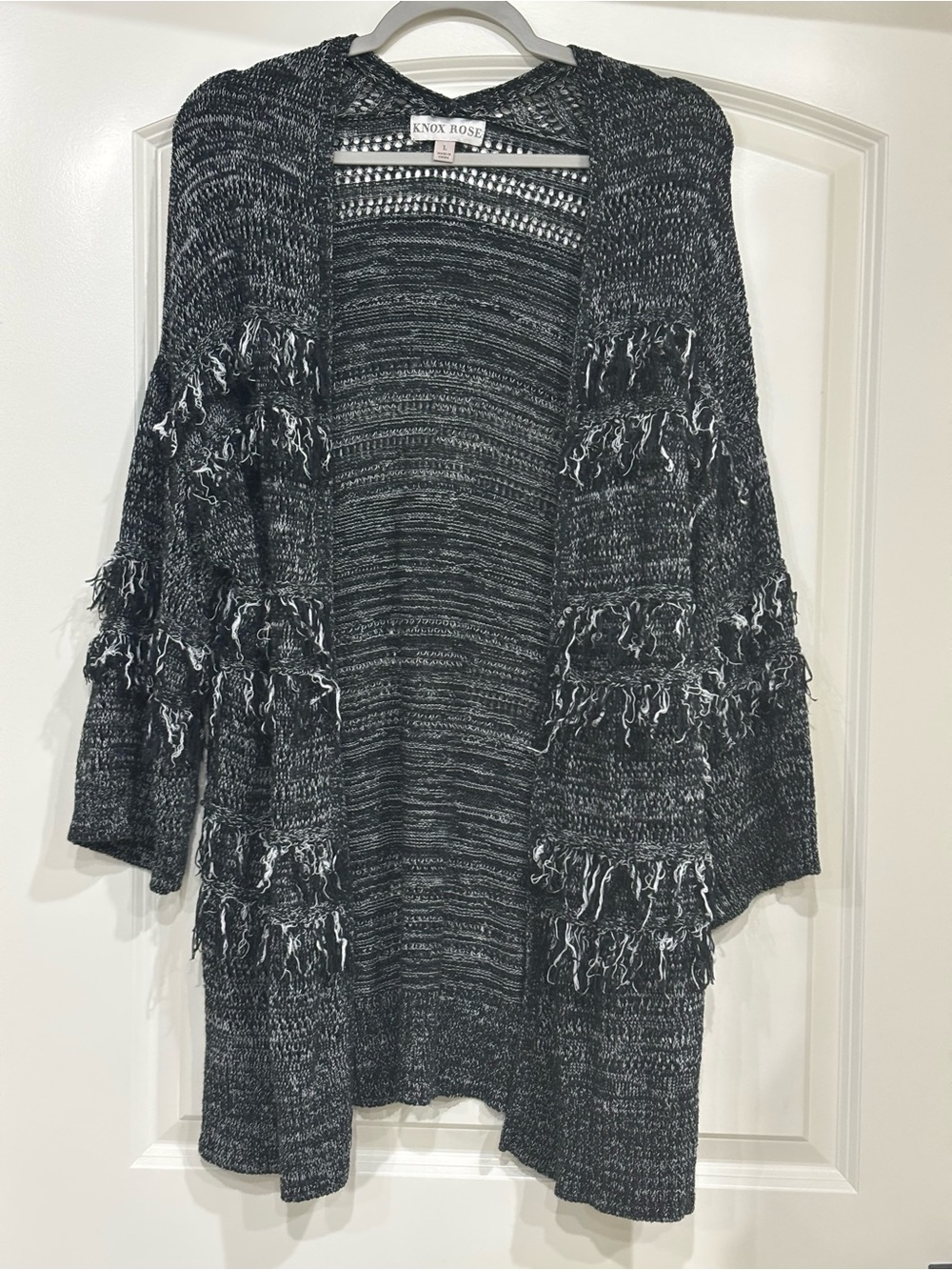 Knox Rose Black & White Marled Fringe Open Cardigan